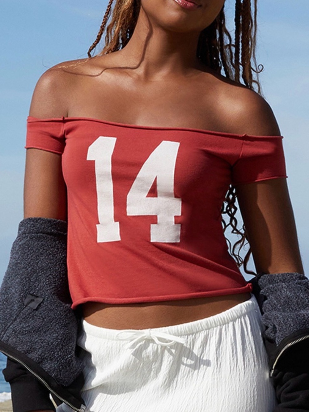 John Galt Red Graphic Off The Shoulder with White 14